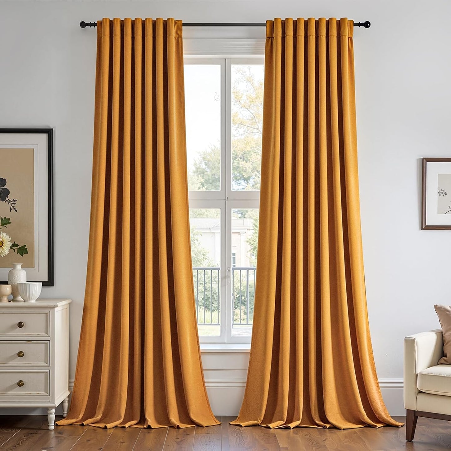 Mustard Yellow Velvet Curtains 84 Inches Long for Living Room Modern Elegant Soft Velvet Rod Pocket Drapes With Hooks for Dining Room Bedroom Room Darkening Privacy Window Treatments 2 Panels Set