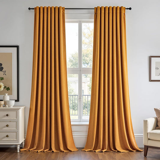 Mustard Yellow Velvet Curtains 84 Inches Long for Living Room Modern Elegant Soft Velvet Rod Pocket Drapes With Hooks for Dining Room Bedroom Room Darkening Privacy Window Treatments 2 Panels Set