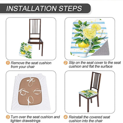 Lemon Seat Covers for Chairs, Summer Tropical Glass Leaves Summer Yellow Spandex Washable Stretch Breathable Chair Covers Decor for Dining Room Kitchen Banquet 4pcs