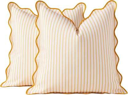DEZENE 18x18 Yellow Outdoor Pillow Covers Pack of 2, Striped Scalloped Coastal Farmhouse Water Resistant Throw Pillow Cases Cushion Cover for Patio and Porch Decor