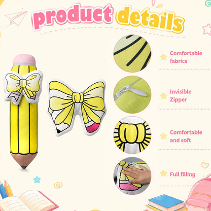 Peryiter 2 Pcs Cute Pencil Pillow Set 20 Inch Large Yellow Pencil Bow Throw Pillows Creative Plush Cushion for Reading Room Office Home Sofa Decoration Birthday Party Women Teacher Gift