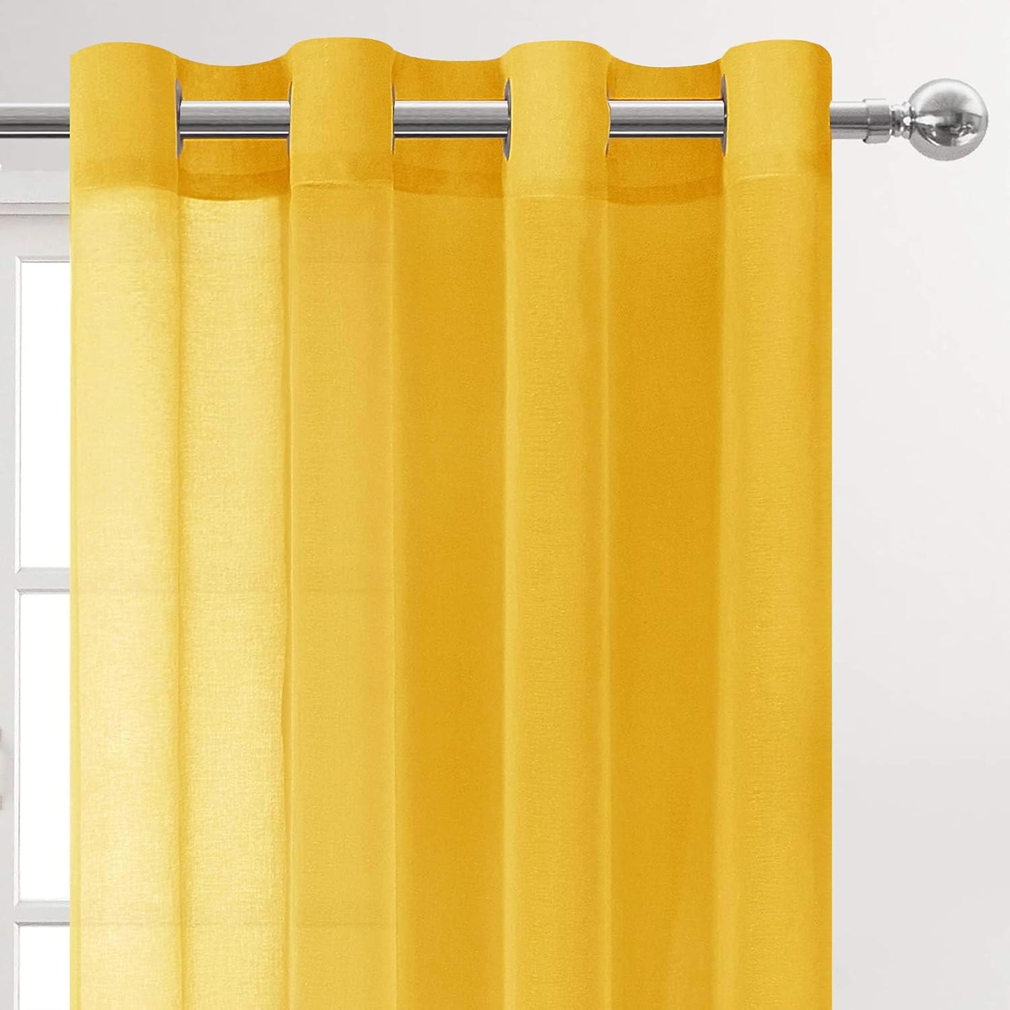 DWCN Yellow Faux Linen Sheer Curtains - Grommet Voile Window Curtain Drapes for Bedroom Living Room 52 x 84 inches Long, Set of 2