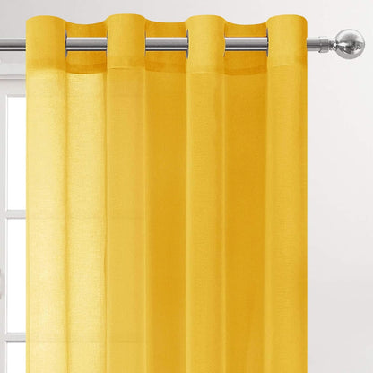 DWCN Yellow Faux Linen Sheer Curtains - Grommet Voile Window Curtain Drapes for Bedroom Living Room 52 x 84 inches Long, Set of 2