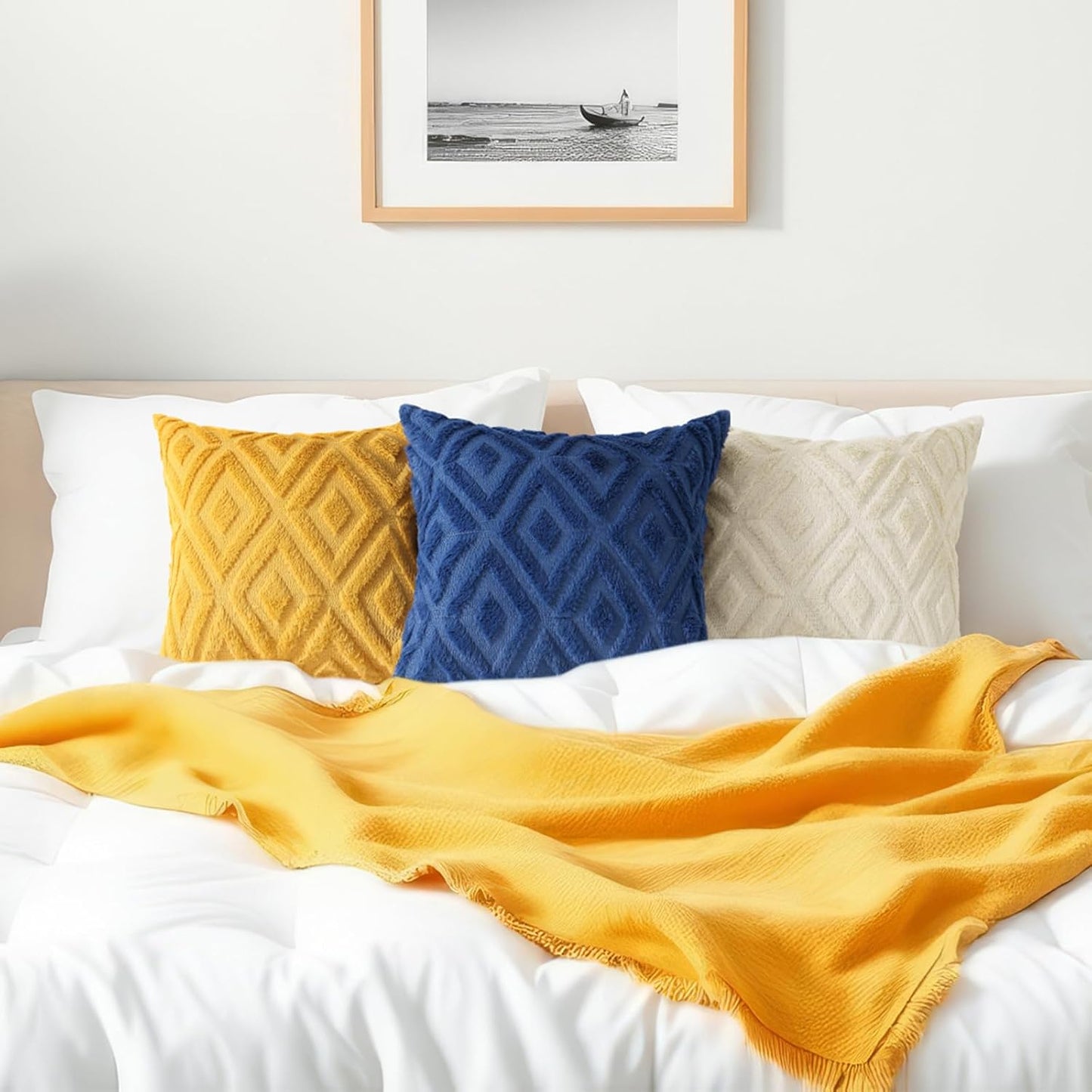 decorUhome Fall Couch Throw Pillow Covers 18x18 Set of 2, Decorative Soft Plush Faux Fur Wool Accent Pillow Covers for Modern Farmhouse Bed Sofa Living Room, Mustard Yellow