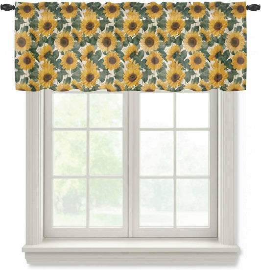 Sunflowers Sheer Curtain 18 Inch Long Vintage Watercolor Yellow Sunflower Floral Leaf Linen Texture Light Filtering Rod Pocket Voile Curtain Valance for Bedroom Kitchen Cafe Window 54" W x 18" L