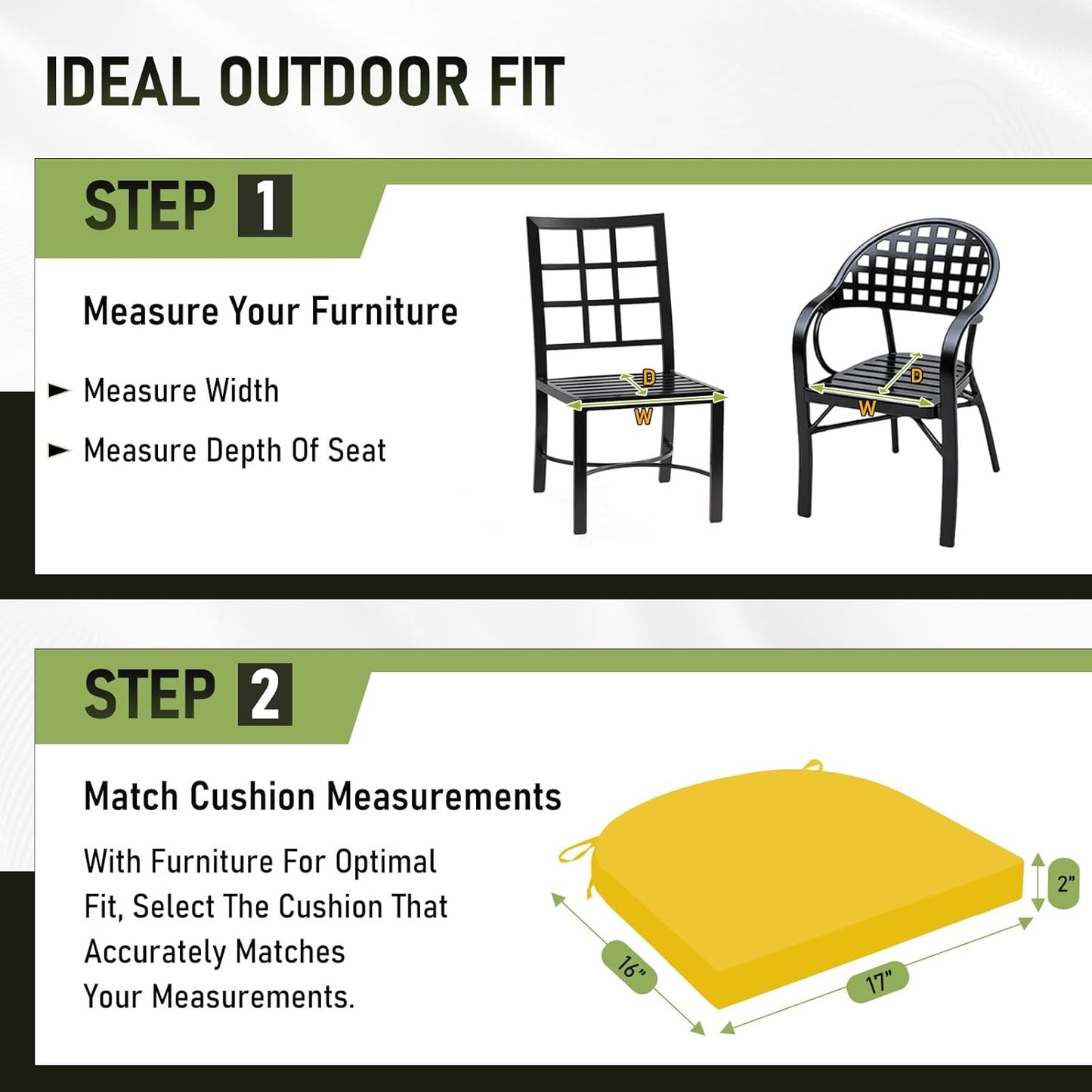 Basic Beyond Outdoor Chair Cushions Set of 4, Outdoor Cushions for Patio Furniture, Water Resistant Patio Chair Cushions with 2 Ties, 17x16x2, Yellow