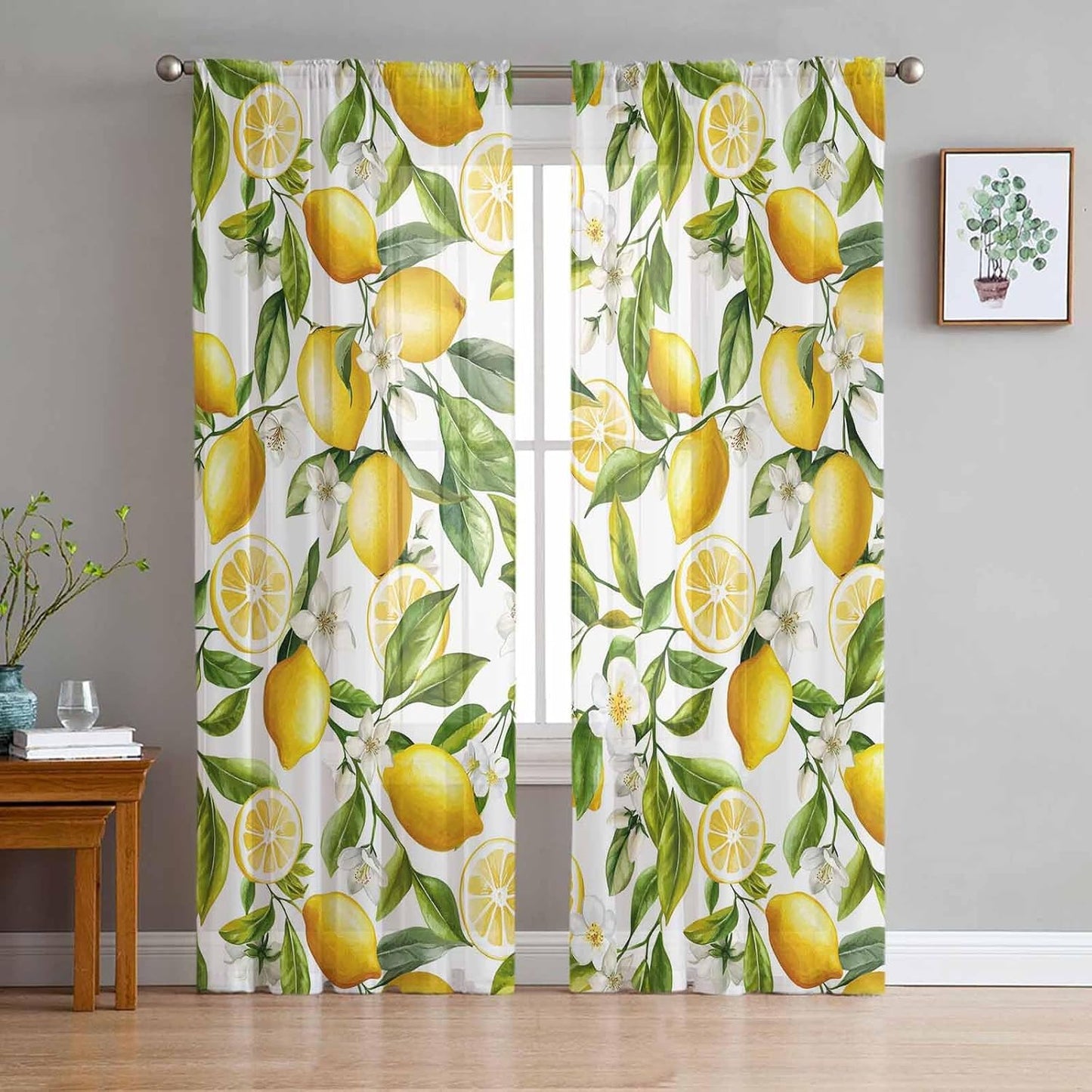Lemon Sheer Curtains 72 Inch Length 2 Panels Set, Summer Garden Fruit Lemon Slice and Leaves Semi Transparent Voile Rod Pocket Curtains for Living Dining Room Bedroom Drapes