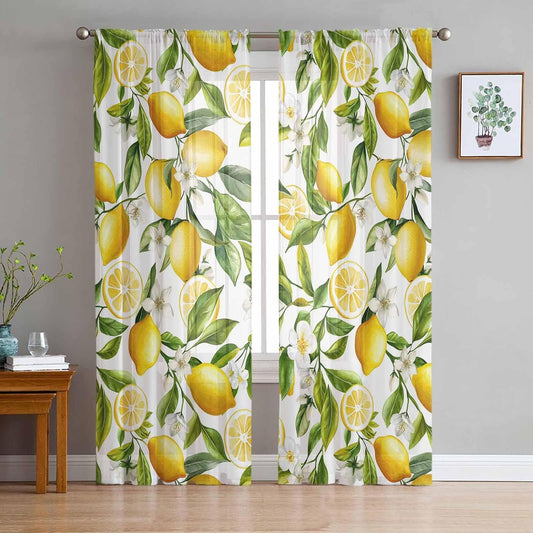 Lemon Sheer Curtains 72 Inch Length 2 Panels Set, Summer Garden Fruit Lemon Slice and Leaves Semi Transparent Voile Rod Pocket Curtains for Living Dining Room Bedroom Drapes
