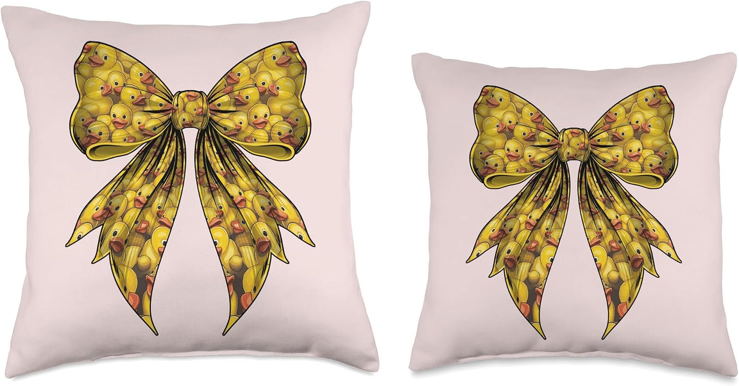Coquette Bow Cute Yellow Rubber Duck Duck Lover Pattern Throw Pillow