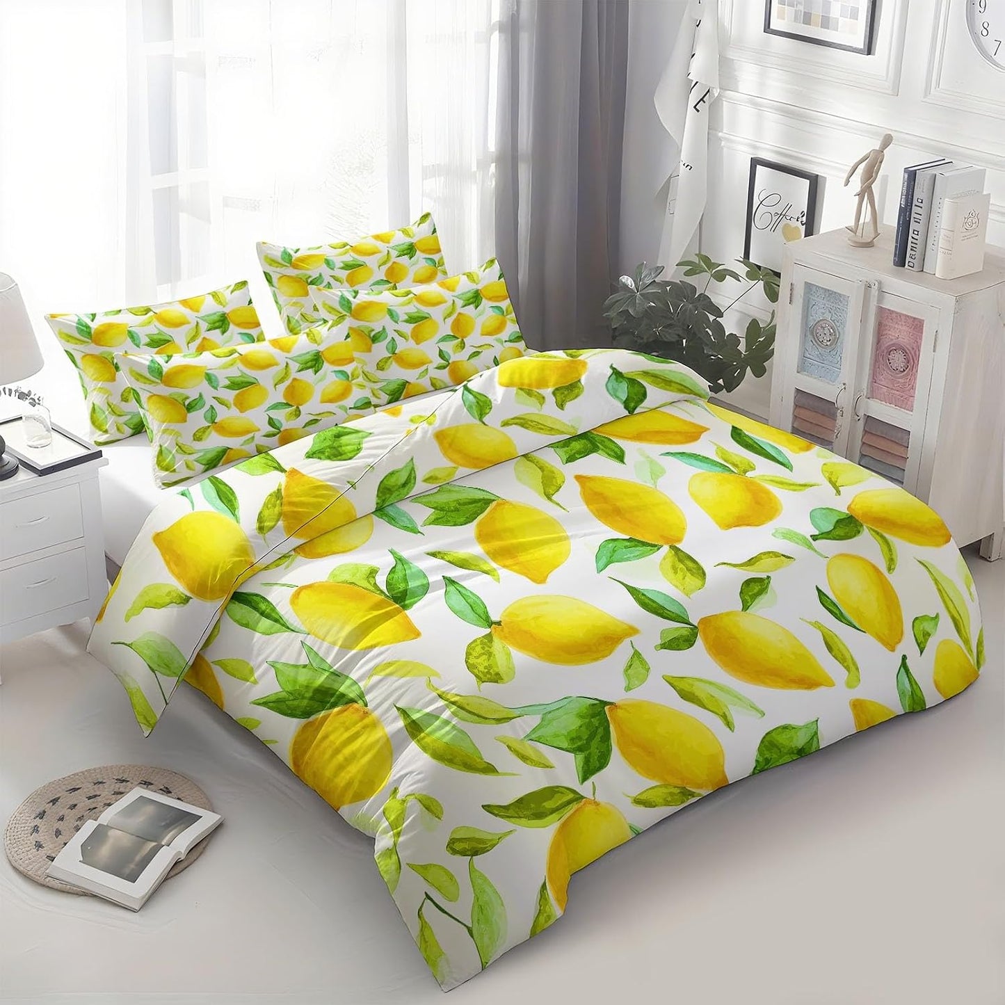 Yellow Duvet Cover Set King Size, Kids Teens Hand Drawn Leaves and Lemon Bedding Set, 3 Piece Soft Microfiber Comforter Cover (104 x 90 in) with 2 Pillowcase