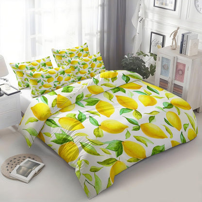Yellow Duvet Cover Set King Size, Kids Teens Hand Drawn Leaves and Lemon Bedding Set, 3 Piece Soft Microfiber Comforter Cover (104 x 90 in) with 2 Pillowcase