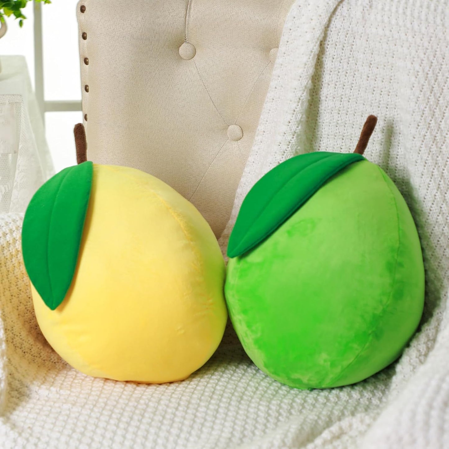 Vercraft 2 Pcs Decorative Lemon Plush Fruit Cute Throw Pillow Kawaii Yellow Hugging Plushies Gift Soft Novelty Green Plush Pillow Cushion Seat Decor for Home 13.8 Inch(Lemon)