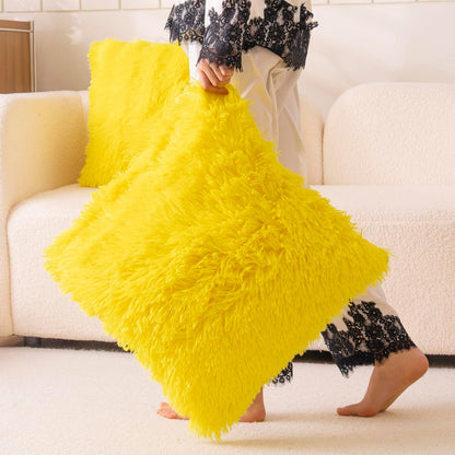 Faux Fur Yellow Throw Pillow Covers, Fluffy Soft Fuzzy Decorative Pillow Cases Cute Pillowcases for Home Bedroom Living Room, Zipper Closure, Set of 2 (Yellow, 18"x 18")