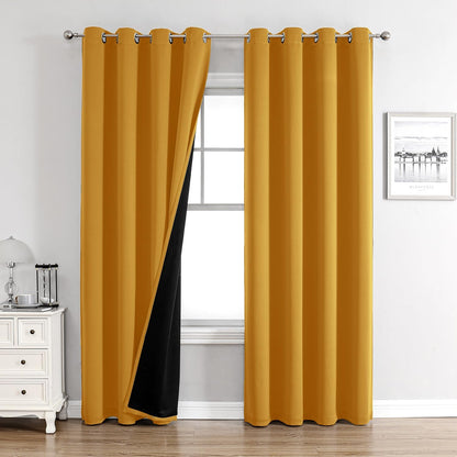ChrisDowa 100% Blackout Curtains for Bedroom 72 Inches Long 2 Panels Set | 2 Thick Layers Total Light Blocking Thermal Insulated Grommet Window Curtains for Living Room, Mustard Yellow, 52 x 72 Inch