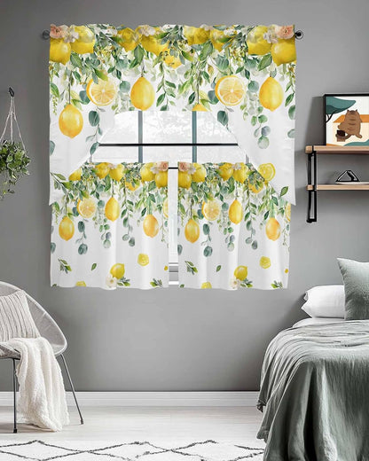 Yellow Lemon Kitchen Curtains Sets for Windows 3 Piece, Summer Fruit Kitchen Curtains and Valances Tier Set 24 Inch Length Green Eucalyptus Leaf Flower Swag Curtain for Living Room Cafe Bath Bedroom
