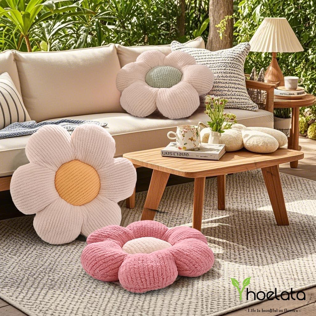 Flower Pillows, Cute Daisy Shaped Throw Pillow, Small Cream Yellow Floor Cushions for Gifts, Kids Decorative Pillows for Living Room Sofa Bedroom Bed, 15.7x15.7 Inch