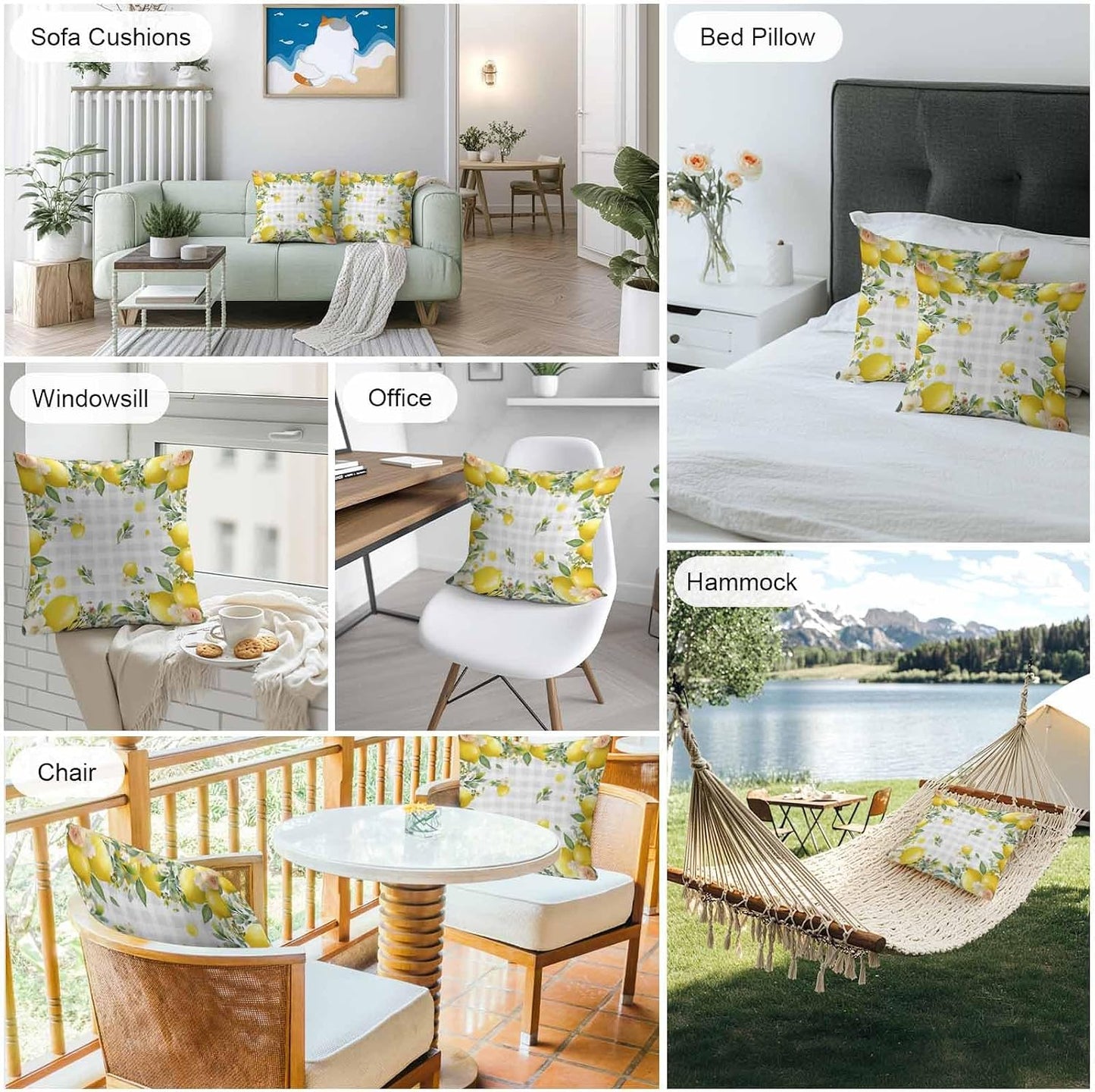 Outdoor Pillow Covers 18x18 Pack of 2, Summer Yellow Lemon on Grey Check Decorative Pillow Cover Waterproof Pillowcase, Farmhouse Fruit Theme Farmhouse Cushion Covers for Garden Patio Sofa Couch