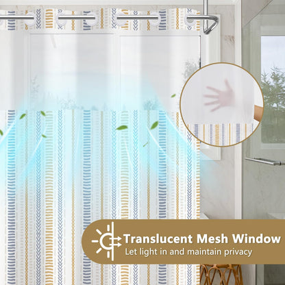 No Hook Geometric Striped Shower Curtain and Liner Set, Waterproof Double Layers Fabric Shower Curtain with Mesh Top Window, Boho Blue and Yellow Minimalist Bathroom Curtains, 71x74 Inches