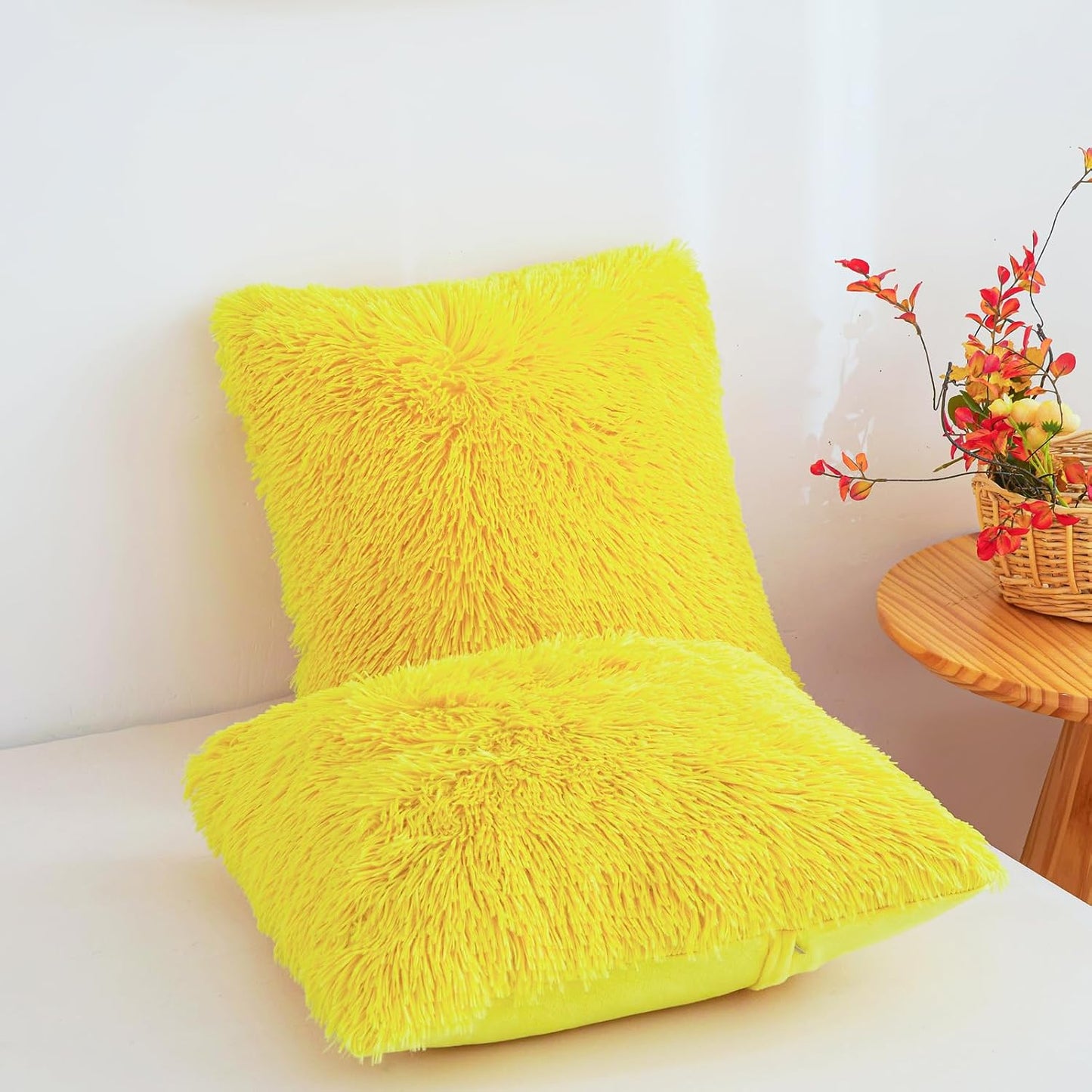 Besfunny Yellow Fuzzy Throw Pillow Covers 18"x18", Soft Decorative Fluffy Plush Yellow Pillow Cases, Furry Shaggy Faux Fur Cushion Covers for Sofa, Bed, and Living Room Decor, Set of 2 with Zipper