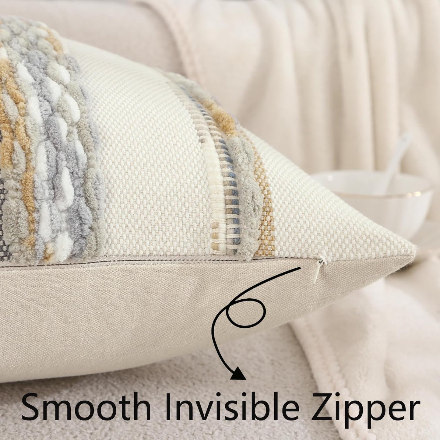 Boho Tufted Throw Pillow Covers 18x18 Set of 2 Striped Decorative Pillow Cases Accent Chenille Pillowcases Farmhouse Cushion Case Fall Autumn Home Decor for Sofa Bed Living Room,Yellow and Gray