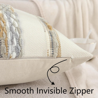 Boho Tufted Throw Pillow Covers 18x18 Set of 2 Striped Decorative Pillow Cases Accent Chenille Pillowcases Farmhouse Cushion Case Fall Autumn Home Decor for Sofa Bed Living Room,Yellow and Gray