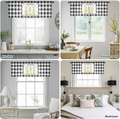 Sheer Valances for Windows Lemon Gnome Summer Fruit Plant Window Valances Rod Pocket Buffalo Check Plaid Window Treatment Sheer Curtains for Kitchen Living Room Bedroom Bathroom 54x18in