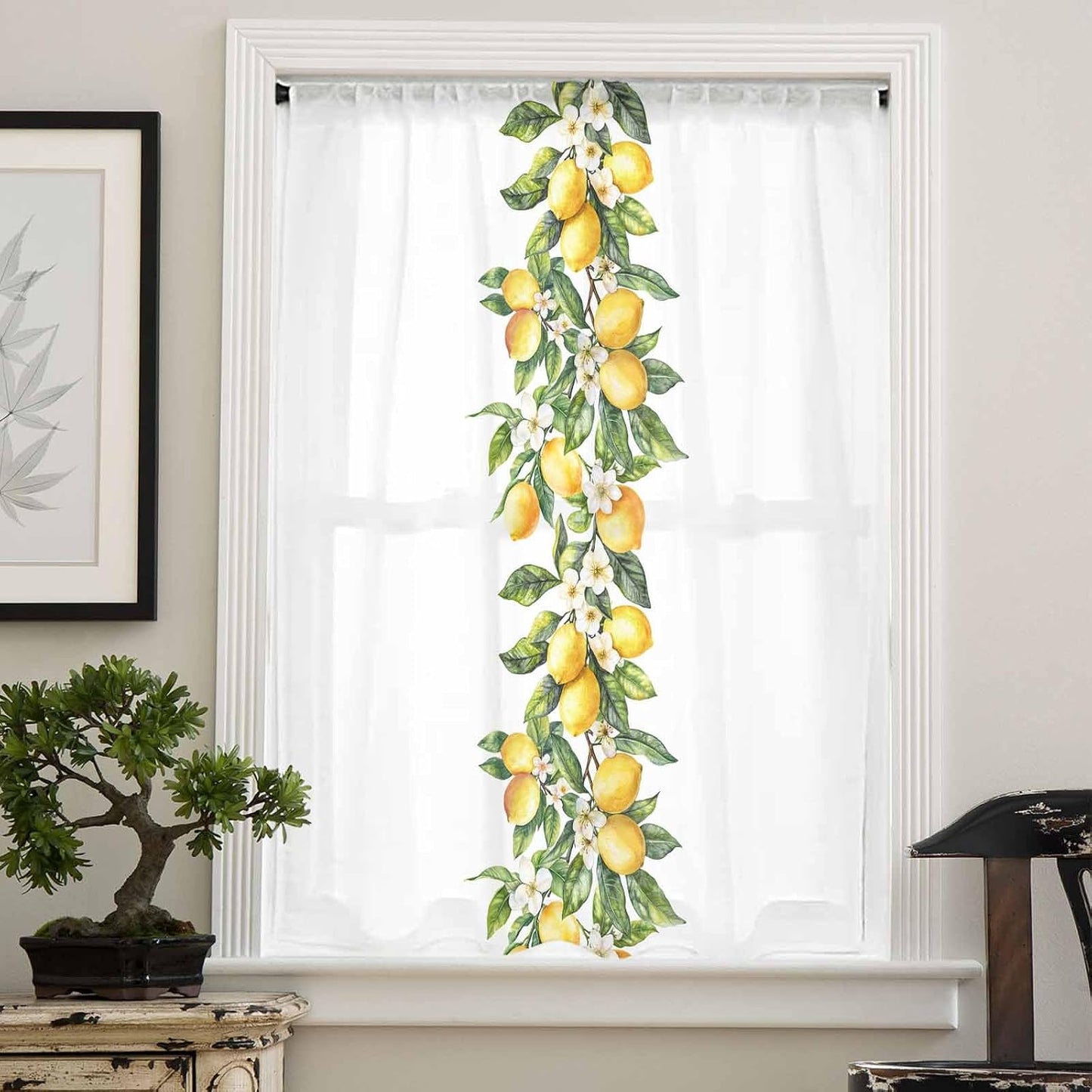 Yellow Lemon Sheer Curtains 84 Inches Long for Living Room/Bedroom, Simple Spring Botanical Fruit Leaves Flower Rod Pocket Voile Kitchen Curtains & Drapes Window Treatment 1 Panel, 52" W x 84" L