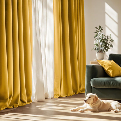 MIULEE Mustard Yellow Velvet Curtains 90 Inch Long Luxury Super Soft Thermal Insulated Blackout Curtains Room Darkening Drapes Rod Pocket Design for Bedroom Living Room Set of 2 Panels, W40 x L90 Inch