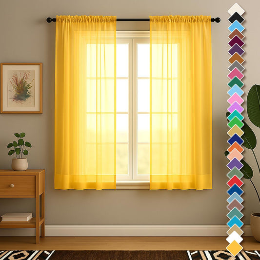 YHSF Sheer Curtains - 2 Panel Set Home Room Decor - Elegant Rod Pocket Solid Voile Drapes for Bedroom/Living Room, Window Treatments, Light Filtering - Set of 2, 54" W x 63" L, Yellow