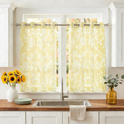 Lemon Yellow Flower Sheer Curtains 39 Inch Long 2 Panels, Pastoral White Plant Petal Leaf Rustic Linen Light Filtering Semi Sheer Drapes Grommet Voile Window Curtain for Living Bedroom W27.9 x L39