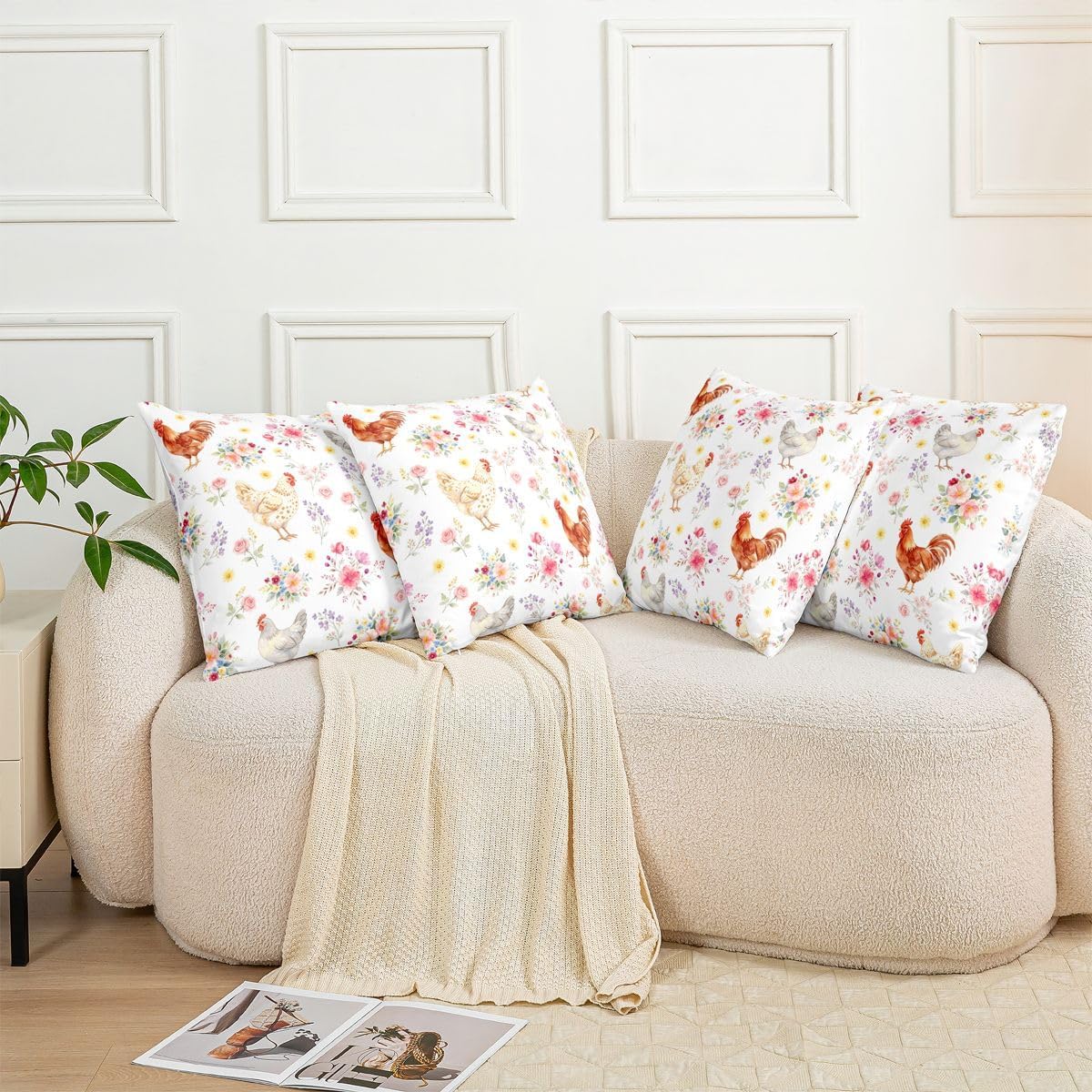 Manfei Chick Pattern Throw Pillow Cover Colorful Flowers Cushion Case Country-Style Pillow Cover for Living Room,Yellow Pinik Soft Pillowcases,22x22 Inches