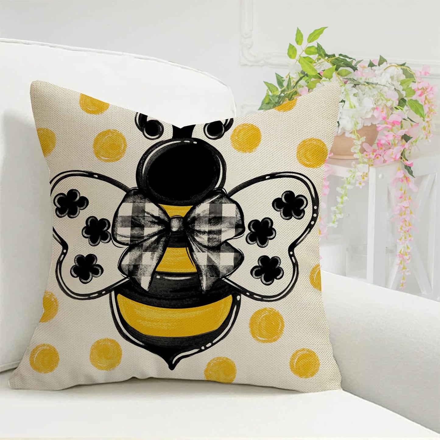 Spring Summer Honey Bee Kind Decorative Throw Pillow Covers 18 x 18 Set of 4, Yellow Bumble Bee Sweet As Can Bee Our Guest Outdoor Pillowcase, Buffalo Plaid Farmhouse Cushion Case Home Decor