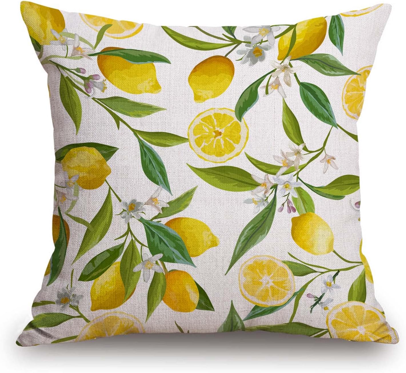 TSSOHU Green Floral Pattern Lemon Fruits Flowers Leaves Elegant Exotic Throw Pillow Case 18 x 18 Inch Decorative Cotton Linen Cushion Cover for Sofa Couch Bed