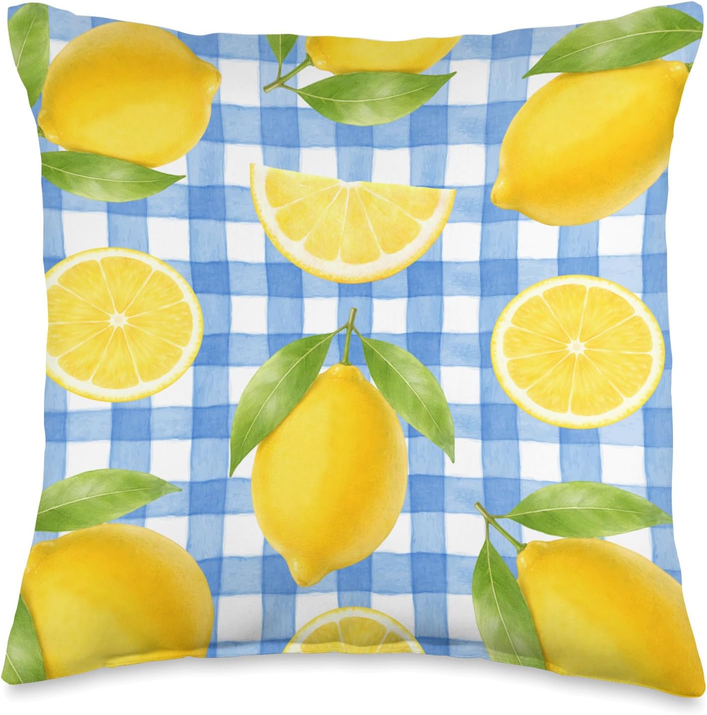 Lemon Citrus Blue Gingham Watercolor Aesthetic Summer Throw Pillow