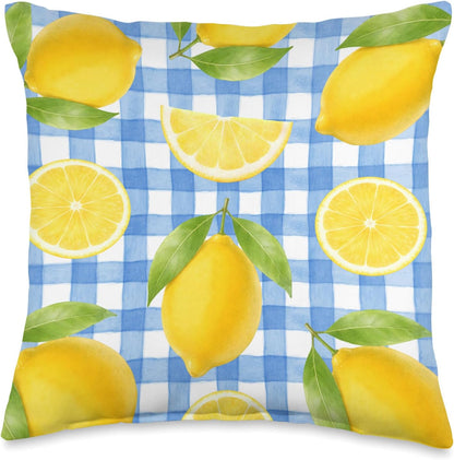 Lemon Citrus Blue Gingham Watercolor Aesthetic Summer Throw Pillow