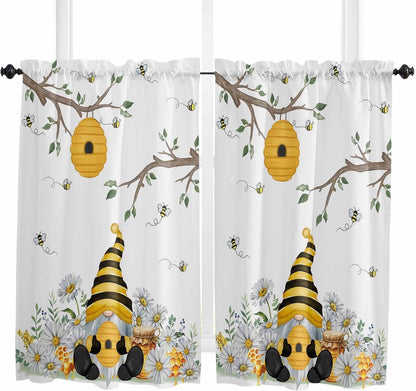 Yellow Gnomes Small Window Curtains 45 Inch Length, Bees Spring Floral Daisy Branches Rod Pocket Window Treatment Kitchen Drapes for Bedroom, Cafe, Living Room, 2 Panels, 27.5 W x 45 L