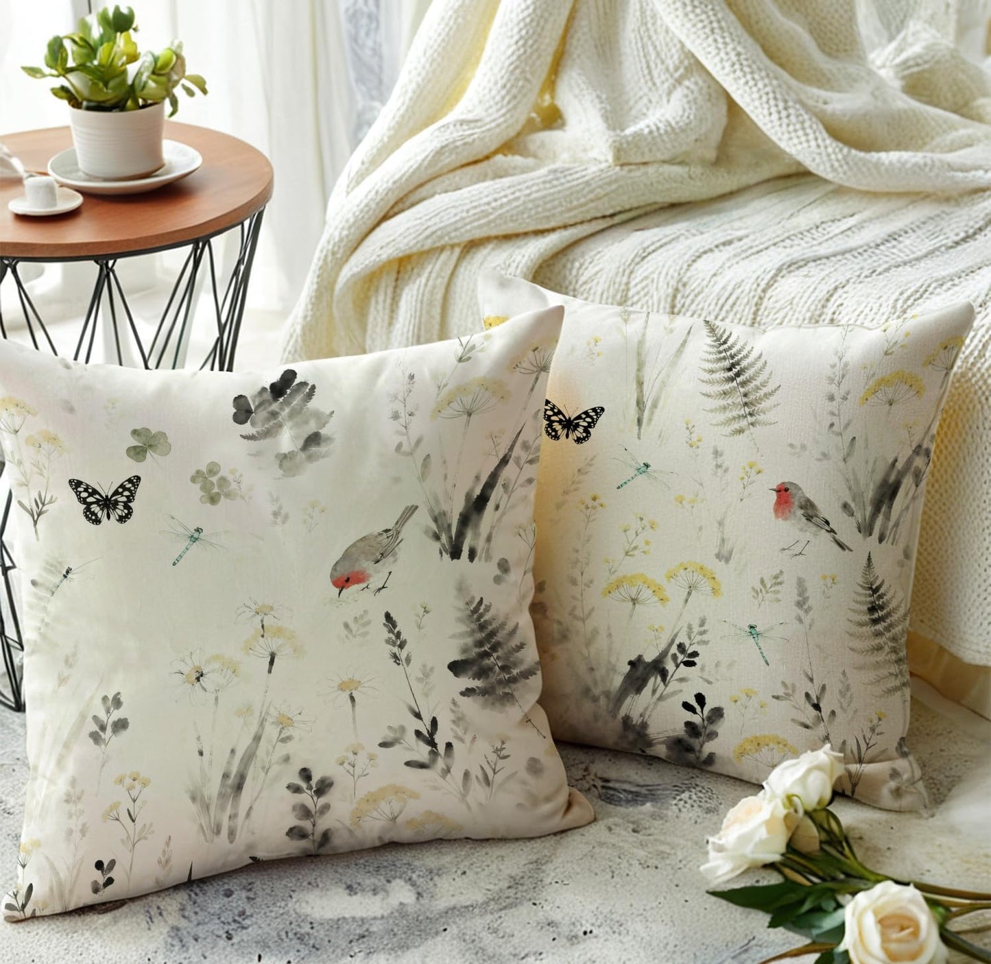 Chinese Ink Throw Pillow Covers with Birds Butterfly Wildflowers Cushion Cases Asian Garden Theme Pillowcases Botanical Wildlife Farmhouse Spring Summer Decor for Sofa Couch(Grey/Yellow)