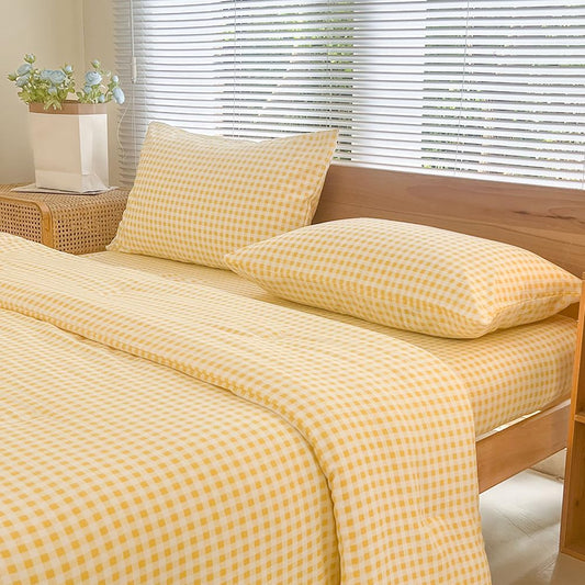 NSNLGSGC King Size Comforter Set, Yellow Gingham Bedding Comforter Sets, Yellow Grid Bed Comforter 3 Pieces (1 Comforter, 2 Pillowcases)