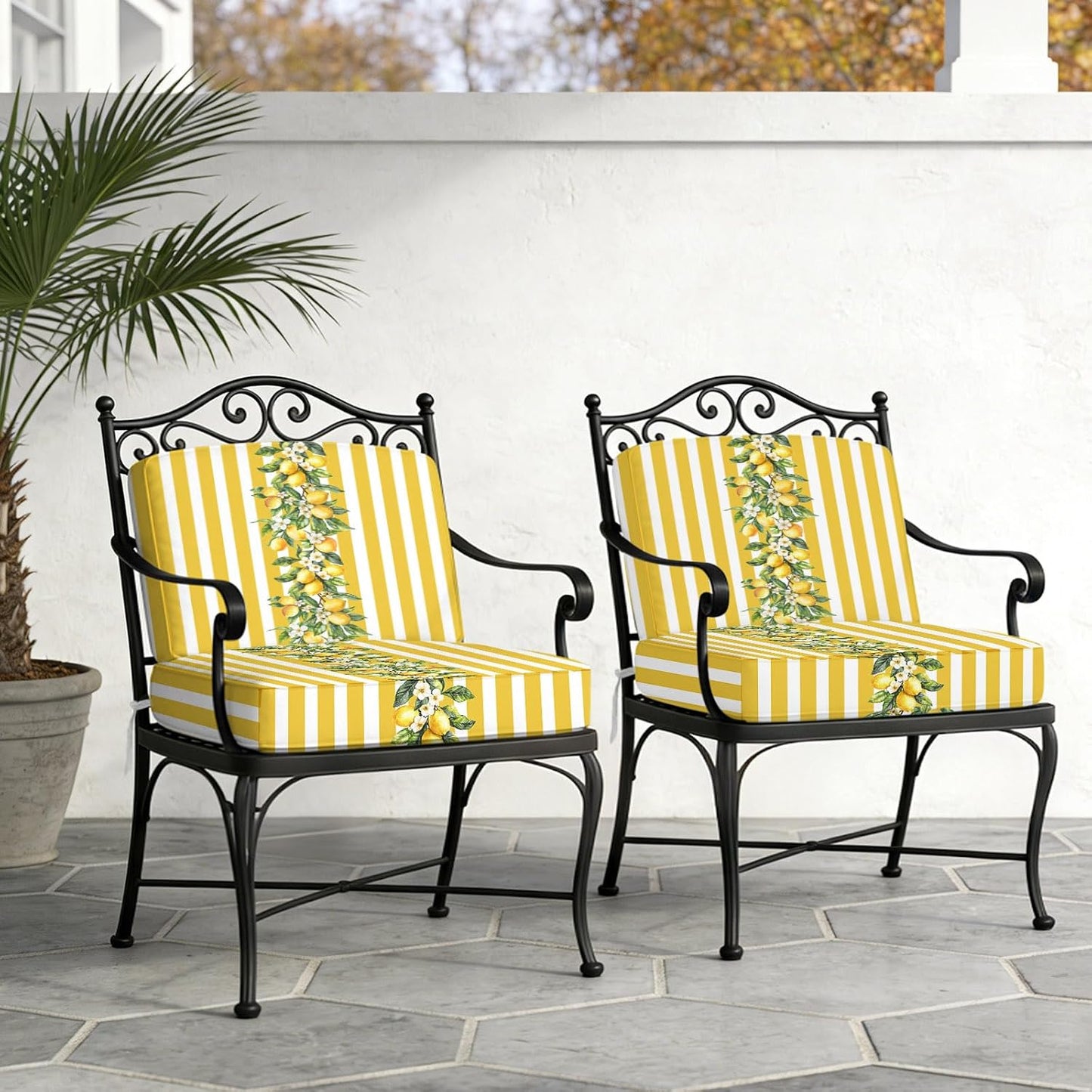 Outdoor Patio Cushion Covers 2 Pack Yellow Lemon Stripes Chair Pads Slipcovers with Ties Waterproof Floral Fruit Leaves Seat Cushion Covers for Outdoor Furniture Protector Couch Sofa 22x20 Inch