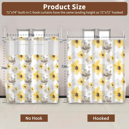 Yellow Gray Floral Shower Curtain with Snap in Liner, Waterproof Fabric No Hook Shower Curtain with See Through Window and Weighted Hem, Watercolor Flower Farmhouse Bathroom Curtains, 71x74 Inch
