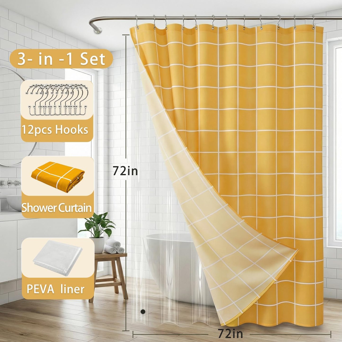 3 in 1 Shower Curtain Set, Checkered Minimalist Shower Curtain and PEVA Liner Sets swith 12 Metal Double Sided Shower Curtain Hooks, White Line Simple Modern Shower Curtain for Bathroom, 72x72, Yellow