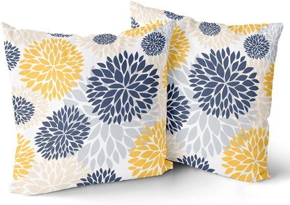 Kawani Navy Blue and Yellow Throw Pillows Covers 18x18 Set of 2, Gray Dahlia Flower Pillow Cushion Cases, Floral Decor Throw Pillows Cover Gifts for Bed Couch Sofa Living Room