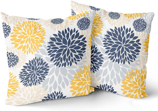 Kawani Navy Blue and Yellow Throw Pillows Covers 18x18 Set of 2, Gray Dahlia Flower Pillow Cushion Cases, Floral Decor Throw Pillows Cover Gifts for Bed Couch Sofa Living Room