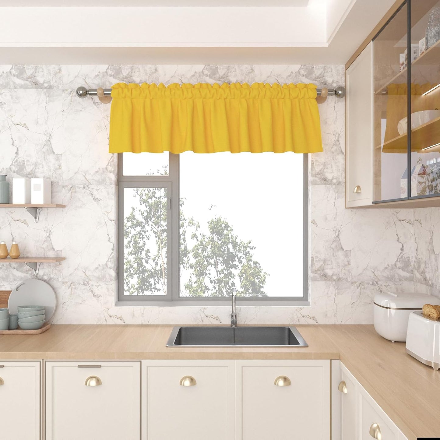 Small Tiers 1 Piece Yellow Faux Linen Textured Kitchen Short Small Mini Window Curtains Valance 12 inches Length Privacy Home Decor Cafe Basement Living Room/Bedroom 52W by 12L Rod Pocket