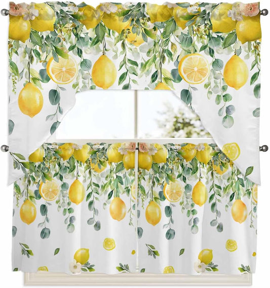 Yellow Lemon Kitchen Curtains Sets for Windows 3 Piece, Summer Fruit Kitchen Curtains and Valances Tier Set 24 Inch Length Green Eucalyptus Leaf Flower Swag Curtain for Living Room Cafe Bath Bedroom