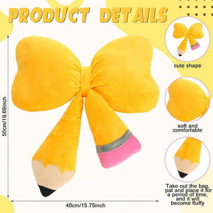 Qunclay Bow Pencil Pillow Back to School Throw Pillow 20''x16'' Soft Yellow Pencil Cushion for Classroom Cute Funny Pillowcase with Cotton Insert for Teacher Classroom Library Living Room Sofa Couch
