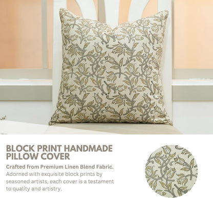 Pillow Covers Handmade Block Print Decorative 24X24 Inches Throw Pillowcase Cushion Cover Hidden Zipper for Sofa, Couch, Farmhouse, Summer, Spring, Fall Decoration, Kamal Dutta, Yellow