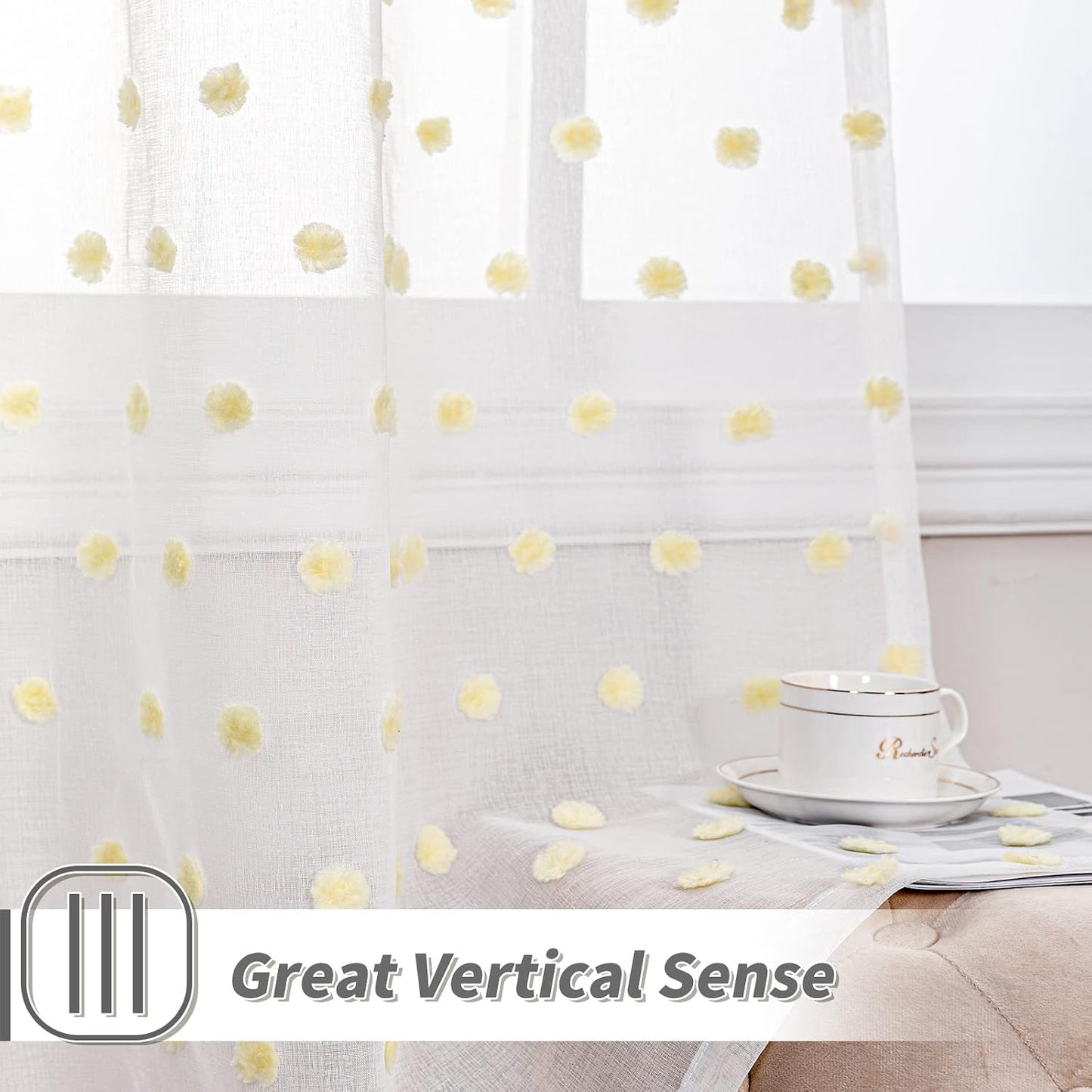 MYSKY HOME Pom Pom Sheer Curtains Rod Pocket Voile Sheer Drapes Window Curtains, 52"W x 72"L (Pack of 2), Yellow Pom Pom, Modern, All Season, Bedroom, Living Room, Nursery Room