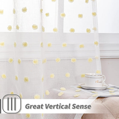 MYSKY HOME Pom Pom Sheer Curtains Rod Pocket Voile Sheer Drapes Window Curtains, 52"W x 72"L (Pack of 2), Yellow Pom Pom, Modern, All Season, Bedroom, Living Room, Nursery Room