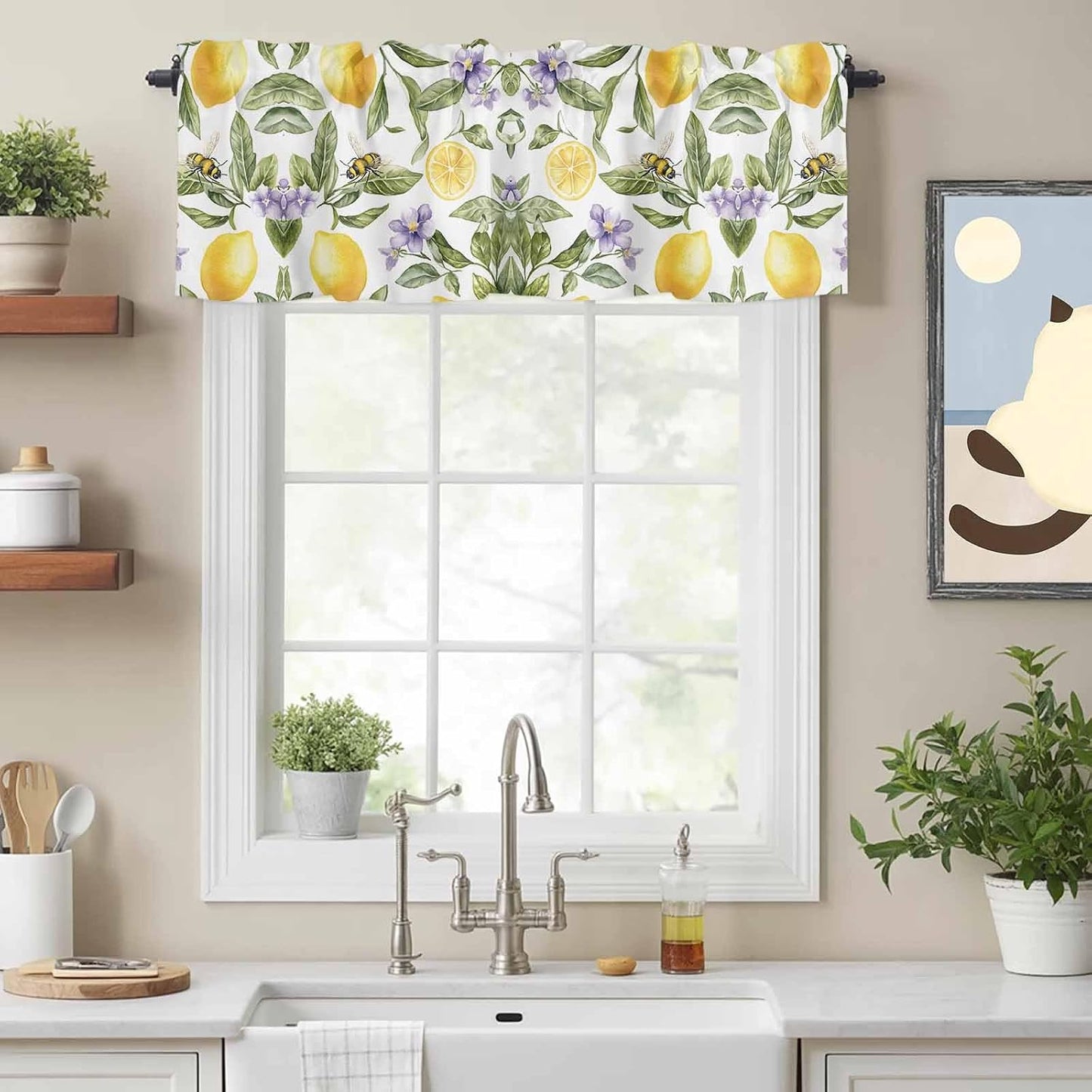 Lemon Flower Valance Curtains Kitchen Curtain for Windows Valance Yellow Fruit Floral Country Bee Summer Sheer Curtains Privacy Bedroom Curtain Topper for Living Room Bathroom Home Decor 42x12in